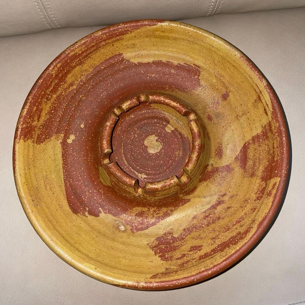 Vintage Handmade Swirled Pottery Ashtray - Unique Yellow & Red Design | Artisan